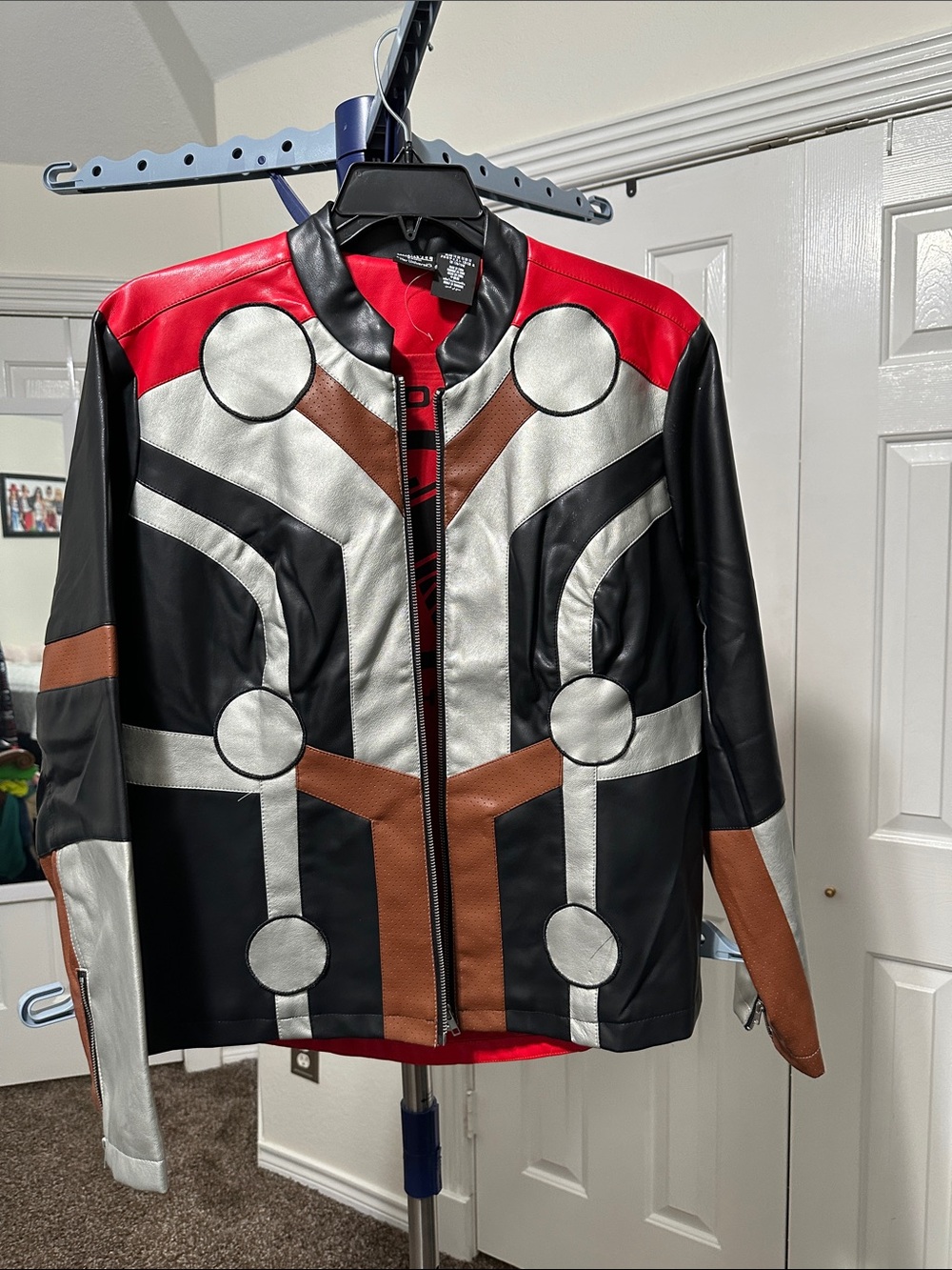 Marvel Multi-Color Faux Leather Bomber Jacket - Red, Black, Silver, Brown